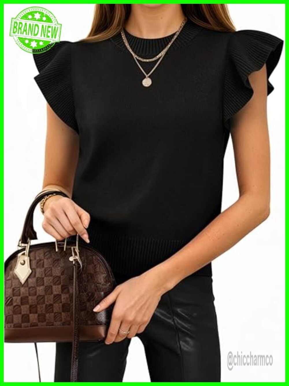 Ruffle Sleeve Cropped Sweater Top Ribbed Knit Crewneck Pullover